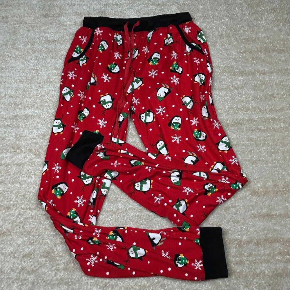 Pillow Talk Pajama Pants Womens S Red Penguin Christmas Lounge Joggers Cozy